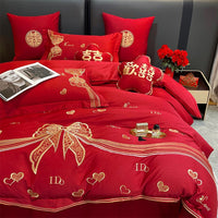 Thumbnail for Red Gold Love Ribbon Wedding Embroidered Duvet Cover Set, Egyptian Cotton Bedding Set