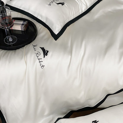 White Black Long Striped Classic Soft Silky Embroidery Edge Duvet Cover Set, Bamboo Fiber Tencel Bedding Set