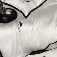 Thumbnail for White Black Long Striped Classic Soft Silky Embroidery Edge Duvet Cover Set, Bamboo Fiber Tencel Bedding Set