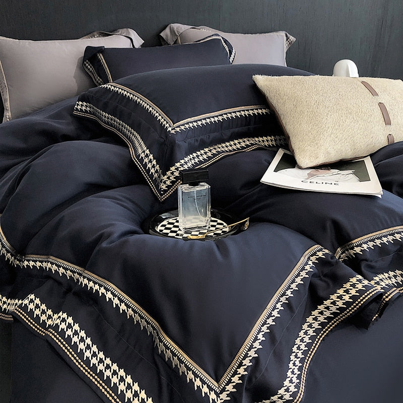 Navy Blue Pink Long Striped Soft Silky Cool Plaid Embroidered Duvet Cover, Bamboo Fiber 100% Bedding Set