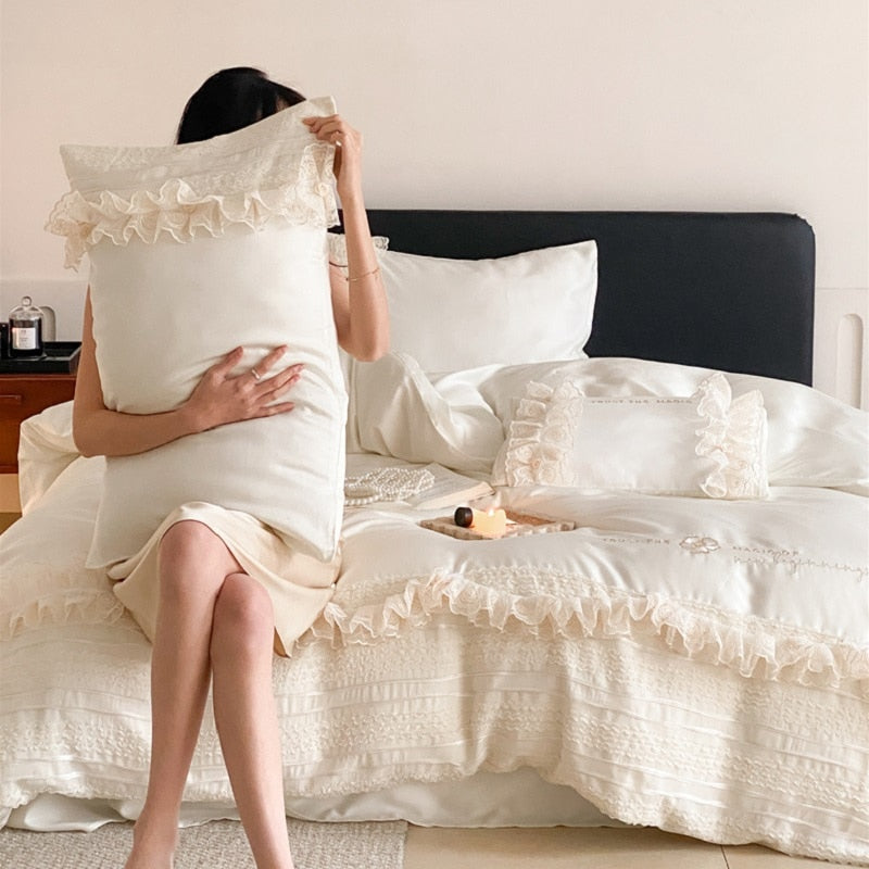 White Premium Europe Soft Silky Princess Lace Duvet Cover,100% Natural Tencel Bedding Set