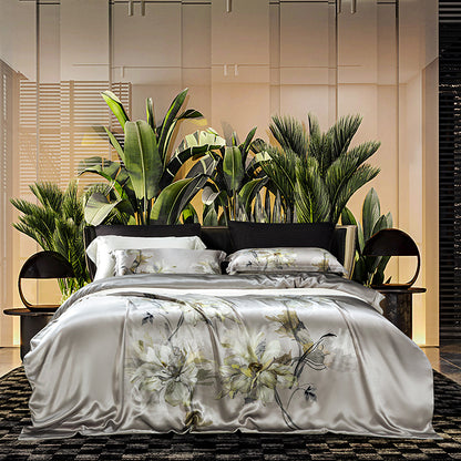 Luxury European Orchid Floral Soft Smooth Mulberry Silk Digital Printing Duvet Cover Set, 100% Pure Silk Bedding Set