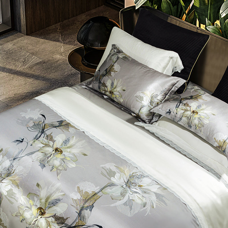 Luxury European Orchid Floral Soft Smooth Mulberry Silk Digital Printing Duvet Cover Set, 100% Pure Silk Bedding Set