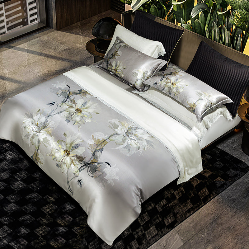 Luxury European Orchid Floral Soft Smooth Mulberry Silk Digital Printing Duvet Cover Set, 100% Pure Silk Bedding Set