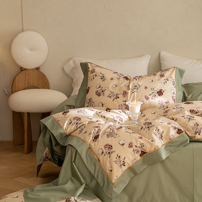 Green Brown Vintage Rose Floral Autumn Winter Duvet Cover, 1000TC Egyptian Cotton Bedding Set