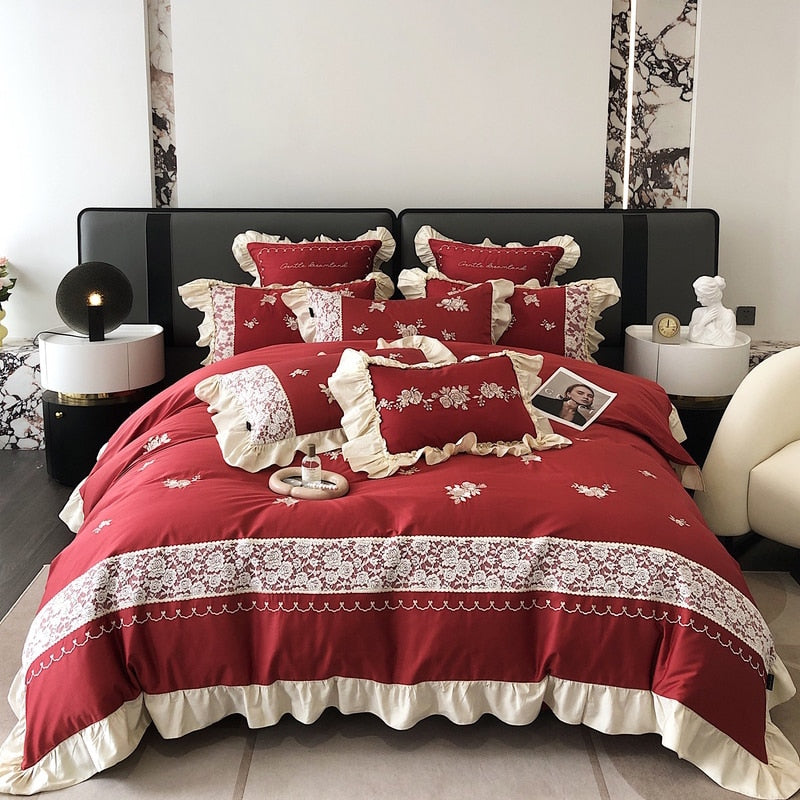 Red Burgundy French Patchwork Flower Egyptian Cotton 1000TC Embroidery Ruffles Duvet Cover Bedding Set
