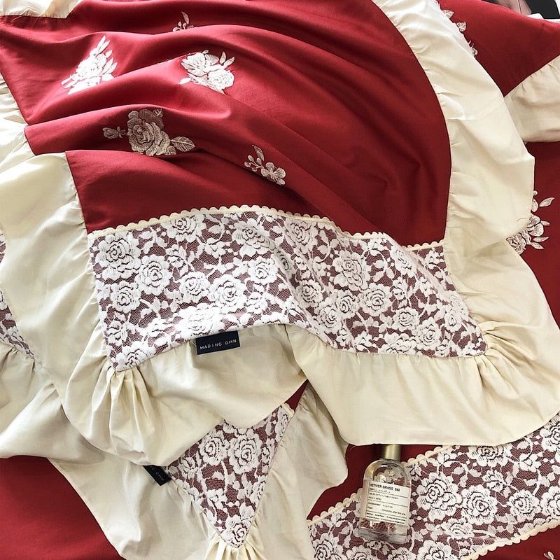 Red Burgundy French Patchwork Flower Egyptian Cotton 1000TC Embroidery Ruffles Duvet Cover Bedding Set
