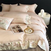 Thumbnail for Pink Purple Tulip European Embroidery Wide Edge Duvet Cover Set, 1000TC Egyptian Cotton Bedding Set