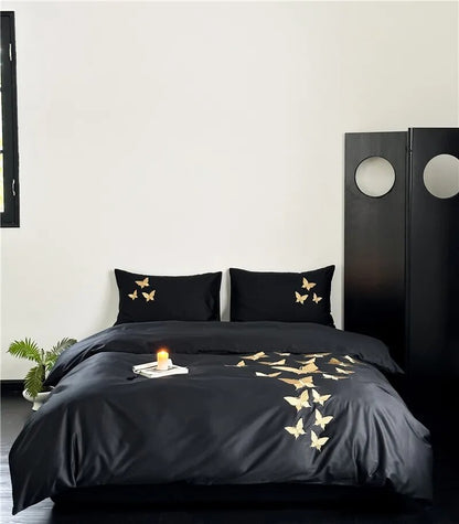 Golden Black Luxury Chic Butterfly Embroidered Duvet Cover Set, 1000TC Egyptian Cotton Bedding Set