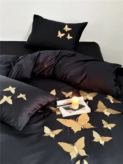Golden Black Luxury Chic Butterfly Embroidered Duvet Cover Set, 1000TC Egyptian Cotton Bedding Set