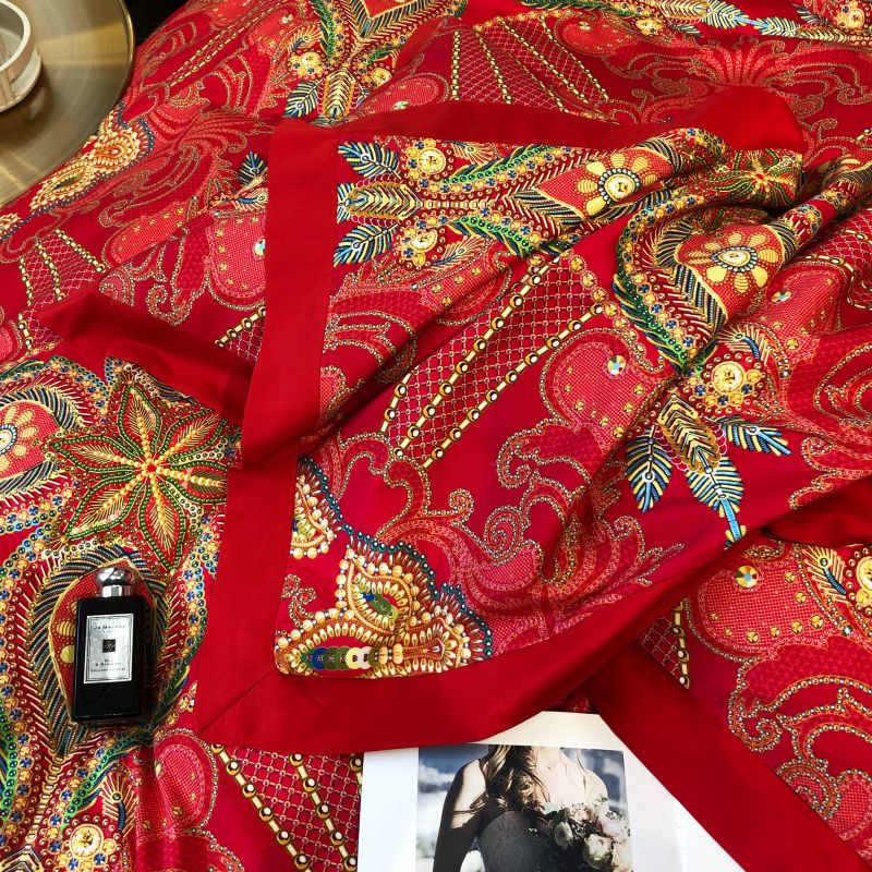 Red Gold Bohemia Pattern Baroque Wedding Flower Duvet Cover Set, 1000TC Egyptian Cotton Bedding Set