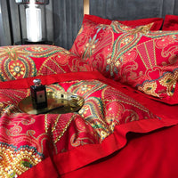 Thumbnail for Red Gold Bohemia Pattern Baroque Wedding Flower Duvet Cover Set, 1000TC Egyptian Cotton Bedding Set