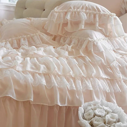 Pink Brushed Romantic French Wedding Ruffles Duvet Cover Set, 1000TC Egyptian Cotton Bedding Set