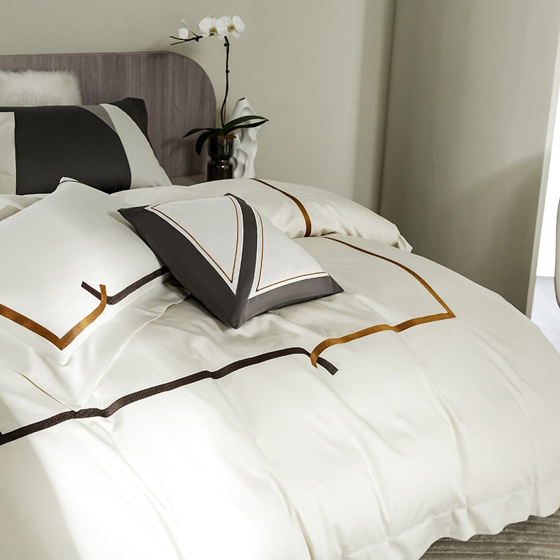 White Brown Striped European Hotel Grade Duvet Cover, 1000TC Egyptian Cotton Bedding Set