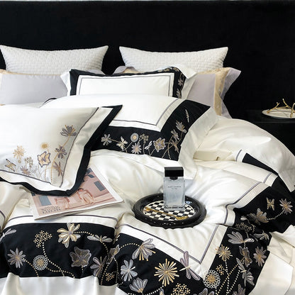 White Black Flowers Butterfly Dragonfly Embroidered Duvet Cover Set, 1000TC Egyptian Cotton Bedding Set