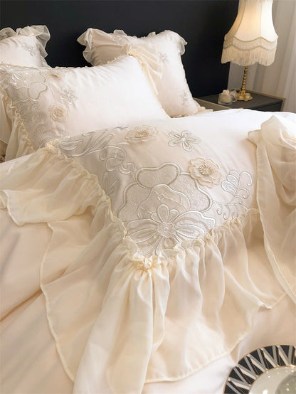 Premium Flowers Princess Europe Wedding Lace Ruffles Duvet Cover, 1000TC Egyptian Cotton Bedding Set