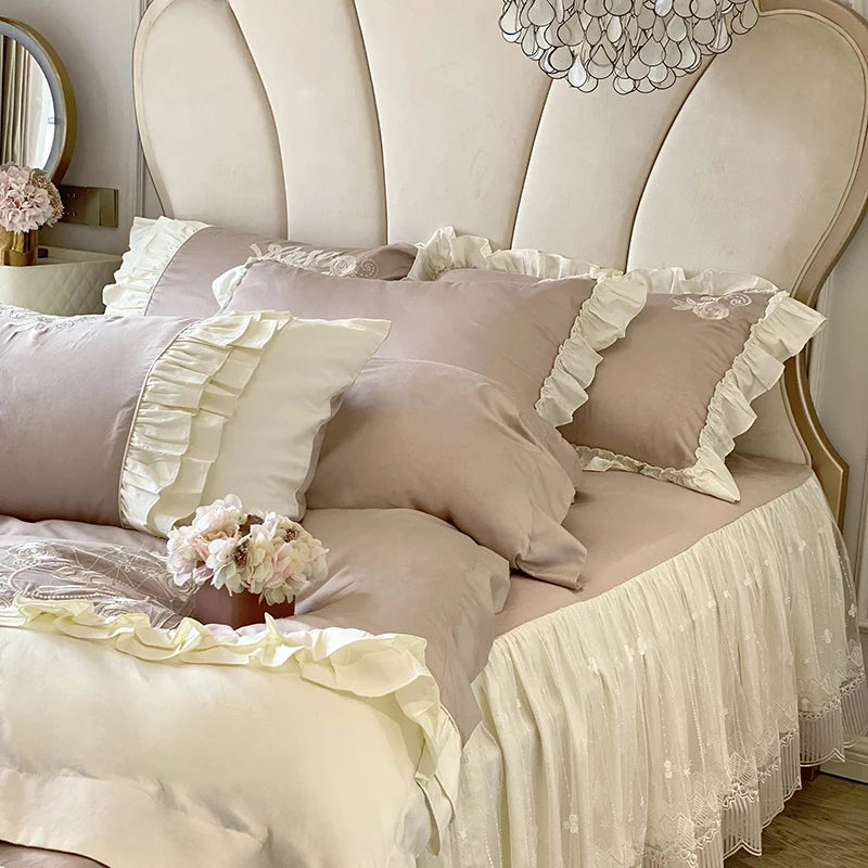 Rose Flowers Embroidery Vintage French Bed Skirt Duvet Cover Set, 1000TC Egyptian Cotton Bedding Set