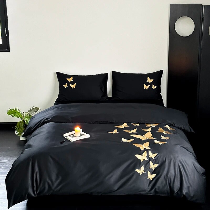 Black Gold Butterfly Luxury Europe Embroidery Soft Duvet Cover Set, 1000TC Egyptian Cotton Bedding Set