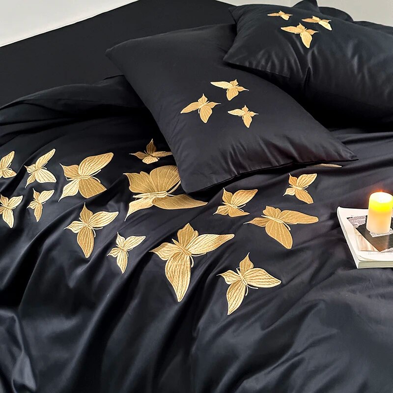 Black Gold Butterfly Luxury Europe Embroidery Soft Duvet Cover Set, 1000TC Egyptian Cotton Bedding Set