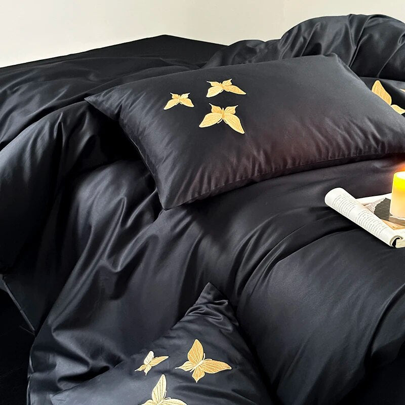 Black Gold Butterfly Luxury Europe Embroidery Soft Duvet Cover Set, 1000TC Egyptian Cotton Bedding Set