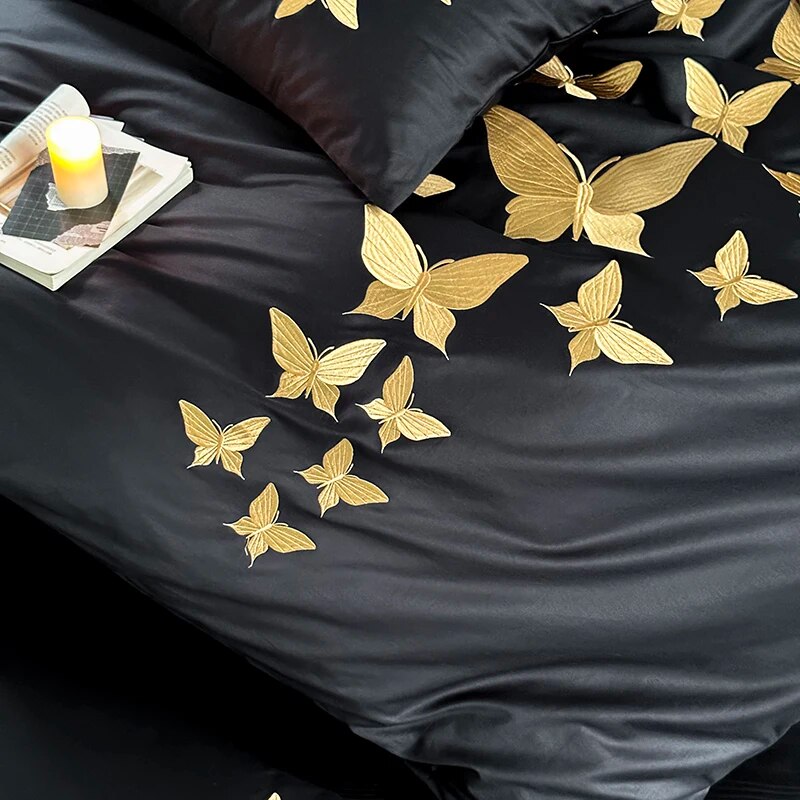 Black Gold Butterfly Luxury Europe Embroidery Soft Duvet Cover Set, 1000TC Egyptian Cotton Bedding Set