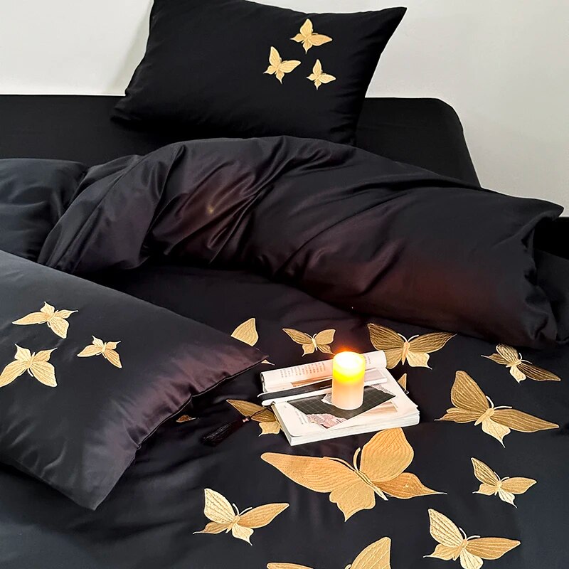 Black Gold Butterfly Luxury Europe Embroidery Soft Duvet Cover Set, 1000TC Egyptian Cotton Bedding Set