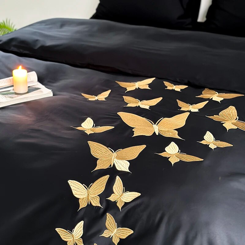 Black Gold Butterfly Luxury Europe Embroidery Soft Duvet Cover Set, 1000TC Egyptian Cotton Bedding Set