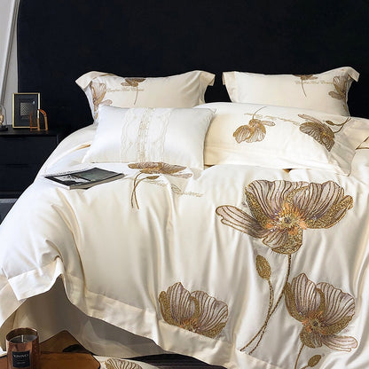 Luxury Gold Brown Lotus Flower Soft Duvet Cover, 1000TC Egyptian Cotton Bedding Set