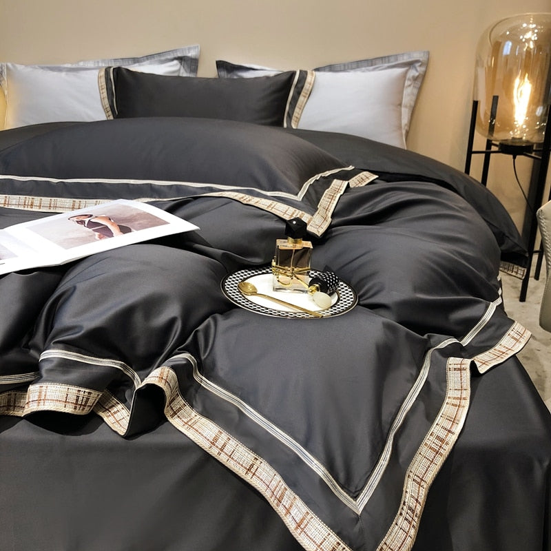 Luxury Black Gold European American Style Embroidery Duvet Cover Set, 1000TC Egyptian Cotton Bedding Set