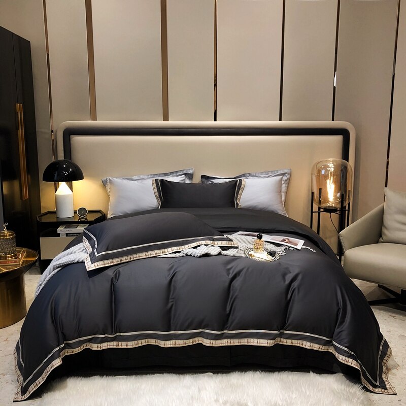 Luxury Black Gold European American Style Embroidery Duvet Cover Set, 1000TC Egyptian Cotton Bedding Set