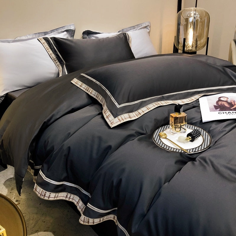 Luxury Black Gold European American Style Embroidery Duvet Cover Set, 1000TC Egyptian Cotton Bedding Set