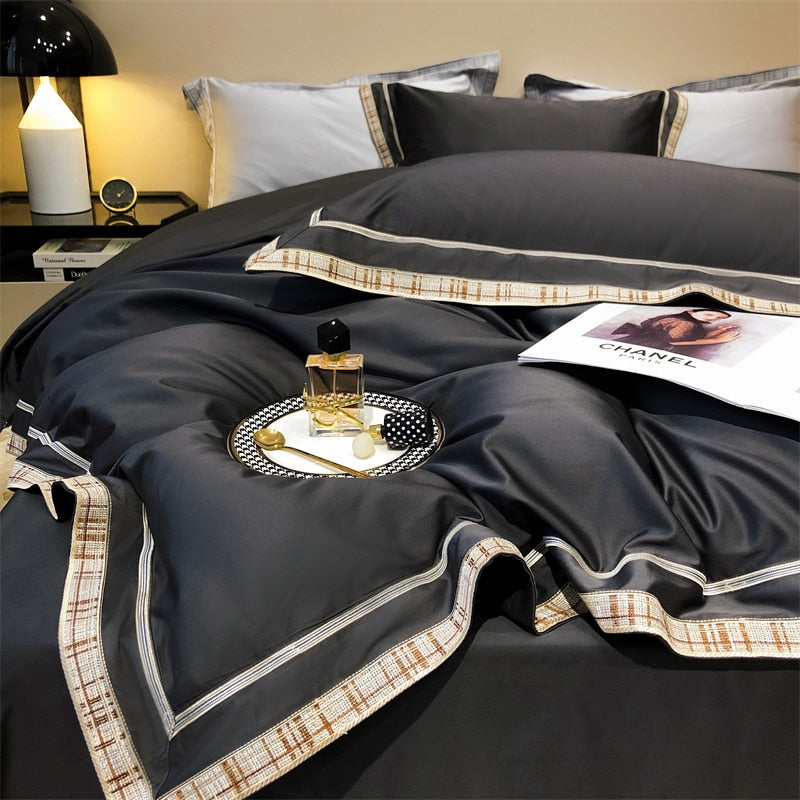 Luxury Black Gold European American Style Embroidery Duvet Cover Set, 1000TC Egyptian Cotton Bedding Set