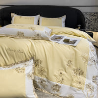 Thumbnail for Yellow White Luxury Chic Flower Embroidery Duvet Cover, 1000TC Egyptian Cotton Bedding Set