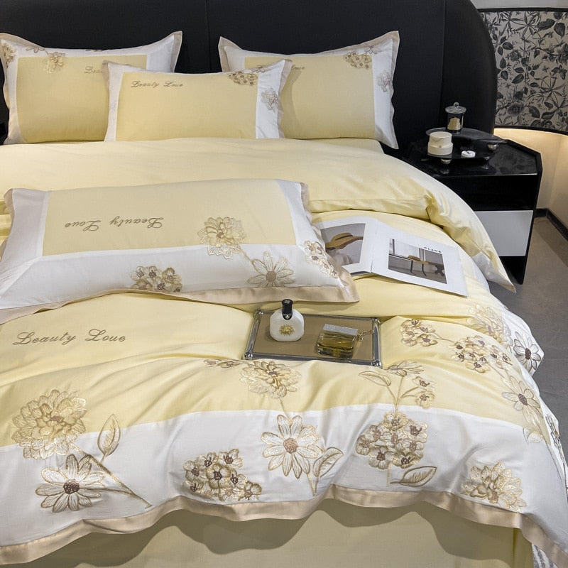Yellow White Luxury Chic Flower Embroidery Duvet Cover, 1000TC Egyptian Cotton Bedding Set