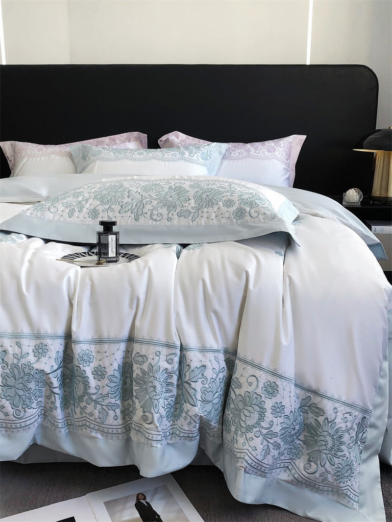Flower Pattern Luxury Europe Wide Edge Duvet Cover, 1000TC Egyptian Cotton Bedding Set