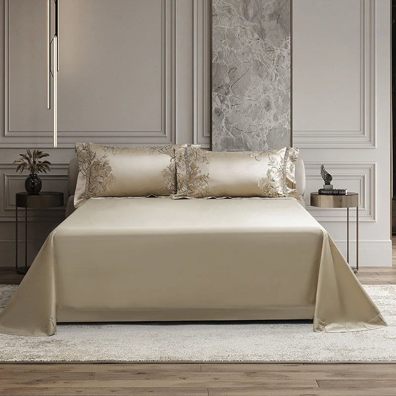Luxury White Peony Flowers Satin Jacquard Duvet Cover Set, 1000TC Egyptian Cotton Bedding Set