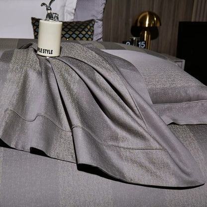 Grey Blue Luxury Long Striped Jacquard Duvet Cover Set, 1000TC Egyptian Cotton Bedding Set