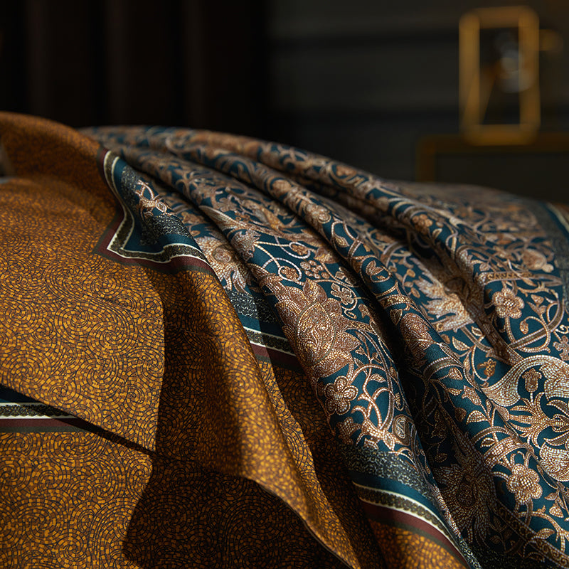 Luxury Brown Blue Baroque European Palace Silky Boho Duvet Cover Set, 1000TC Egyptian Cotton Bedding Set