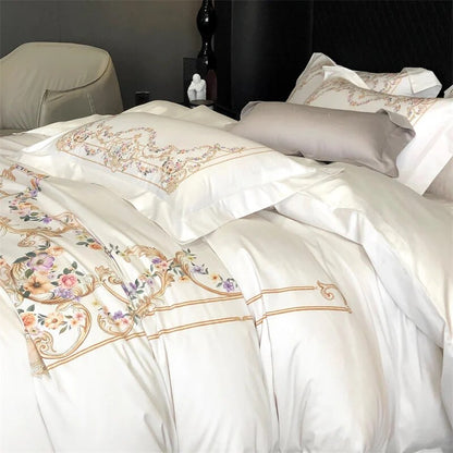 White Gold Luxury European Palace Flowers Print Duvet Cover Set, 1000TC Egyptian Cotton Bedding Set