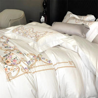 Thumbnail for White Gold Luxury European Palace Flowers Print Duvet Cover Set, 1000TC Egyptian Cotton Bedding Set