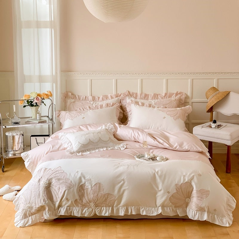 Pink Blossom Flower Luxury Princess Embroidery Lace Duvet Cover, 1000TC Egyptian Cotton Bedding Set