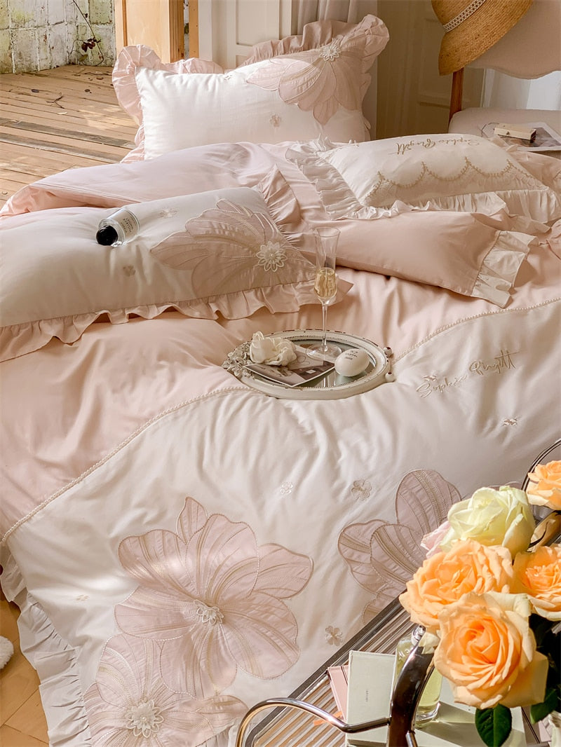 Pink Blossom Flower Luxury Princess Embroidery Lace Duvet Cover, 1000TC Egyptian Cotton Bedding Set