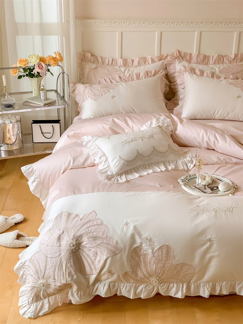 Pink Blossom Flower Luxury Princess Embroidery Lace Duvet Cover, 1000TC Egyptian Cotton Bedding Set
