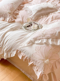 Thumbnail for Pink Blossom Flower Luxury Princess Embroidery Lace Duvet Cover, 1000TC Egyptian Cotton Bedding Set