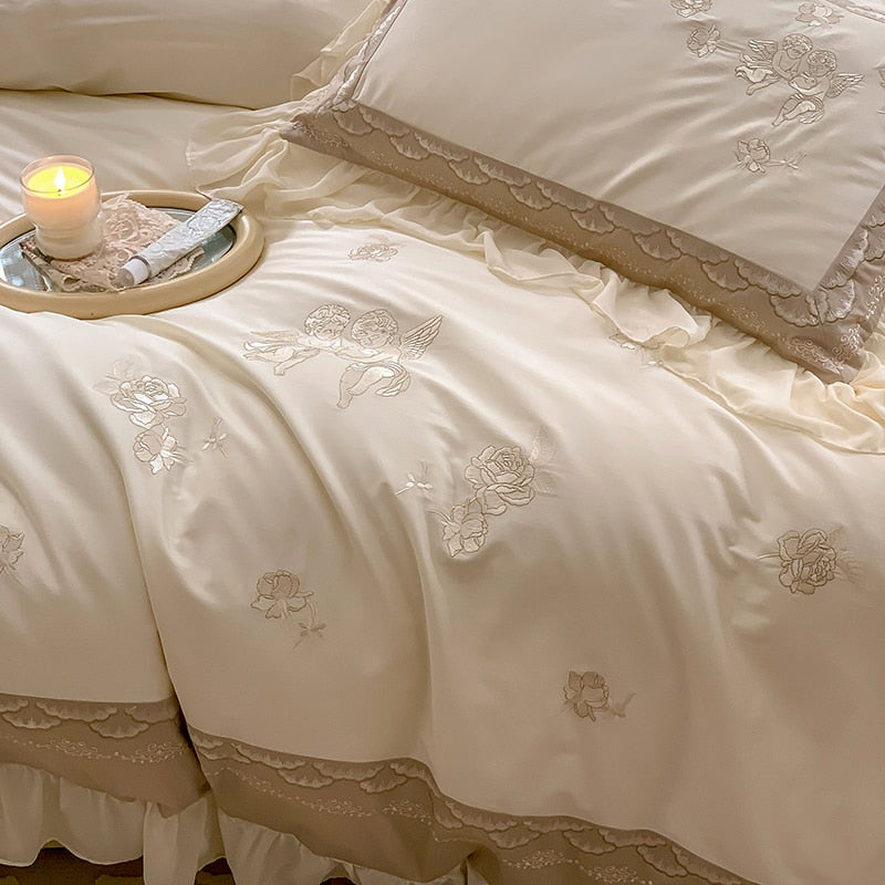 Brown Luxury Princess Palace Europe Lace Ruffles Flowers Duvet Cover, Egyptian Cotton 1000TC Bedding Set