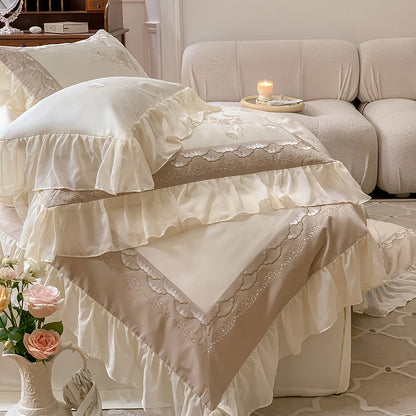 Brown Luxury Princess Palace Europe Lace Ruffles Flowers Duvet Cover, Egyptian Cotton 1000TC Bedding Set