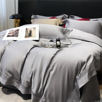 Thumbnail for Burgundy Grey Luxury Hotel Hollow Out Wide Edge Soft Duvet Cover Set, 1000TC Egyptian Cotton Bedding Set