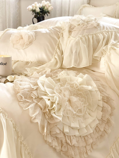 Pink Europe Luxury Wedding Handmade Big Flowers Embroidery Duvet Cover, 1000TC Egyptian Cotton Bedding Set