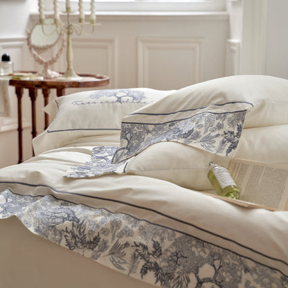 Luxury Blue White Plant Embroidery Edge Duvet Cover Set, 1000TC Egyptian Cotton Bedding Set