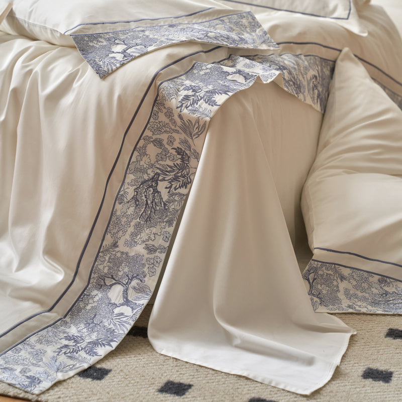 Luxury Blue White Plant Embroidery Edge Duvet Cover Set, 1000TC Egyptian Cotton Bedding Set